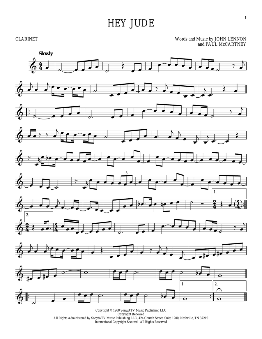 Hey Jude Clarinet Solo scores gallery preview page 1