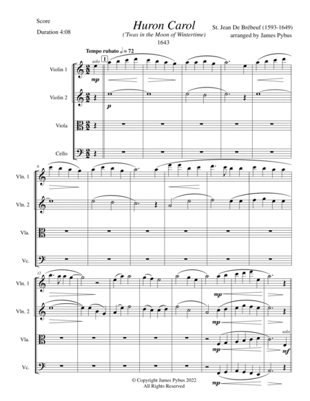 Huron Carol ('Twas in the Moon of Wintertime) (string quartet arrangement) image number null