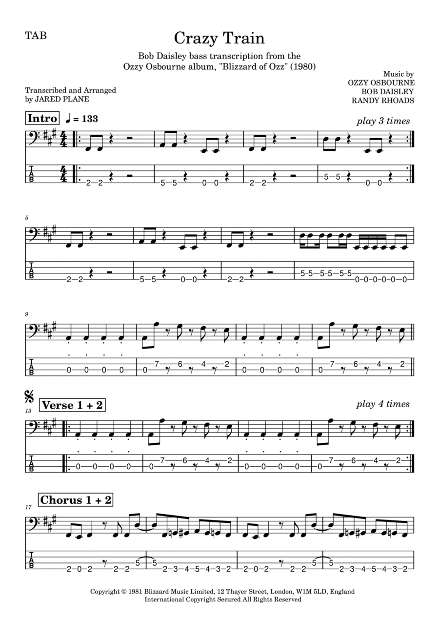 Crazy Train Guitar Tablature scores gallery preview page 1