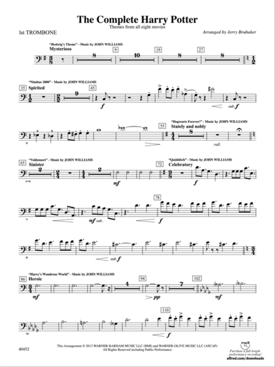 The Complete Harry Potter: 1st Trombone Full Orchestra scores gallery preview page 1