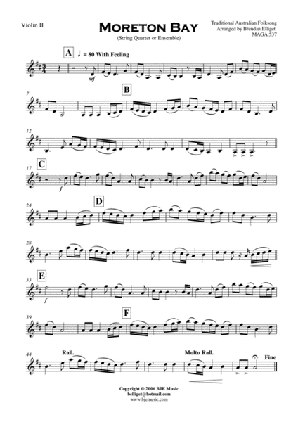Moreton Bay [D] String Quartet or Ensemble Score and Parts PDF image number null