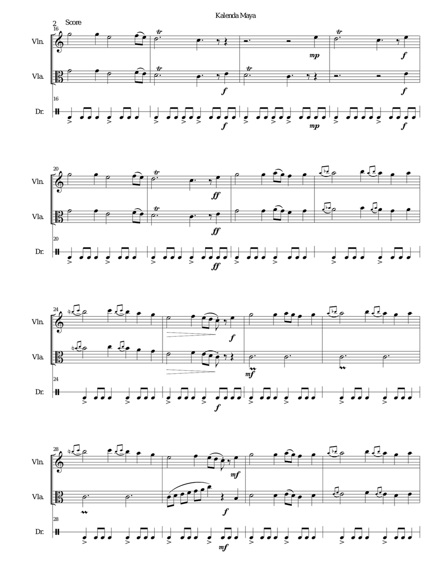 Kalenda Maya for violin, viola and drum Small Ensemble scores gallery preview page 2