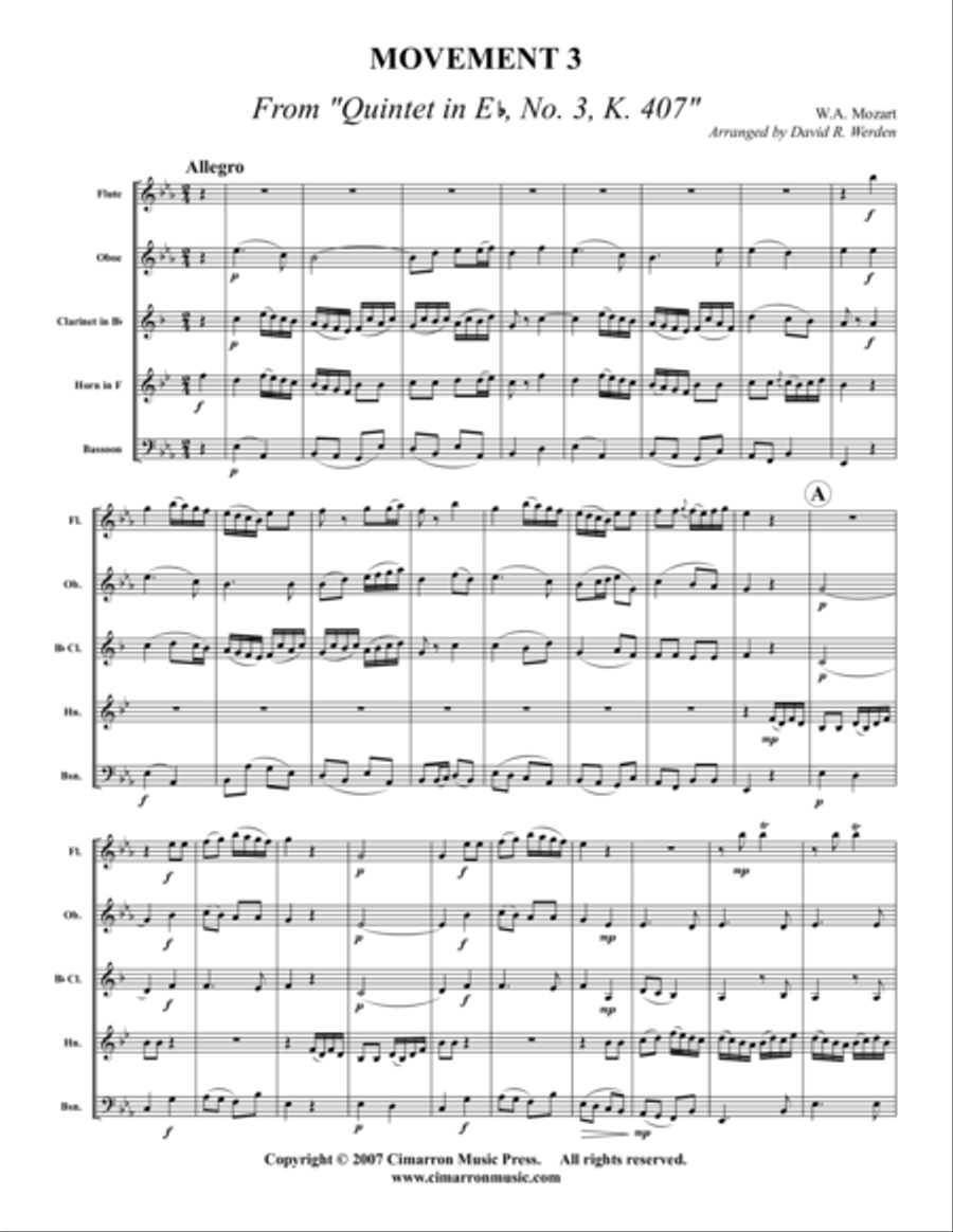 Quintet in Eb, No. 3, K. 407 (Mvt. 3) Woodwind Quintet scores gallery preview page 1