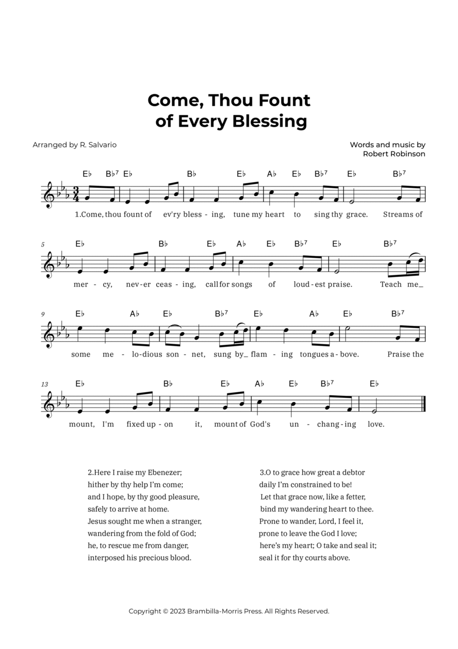 Come Thou Fount of Every Blessing (Key of E-Flat Major) Piano scores gallery preview page 1