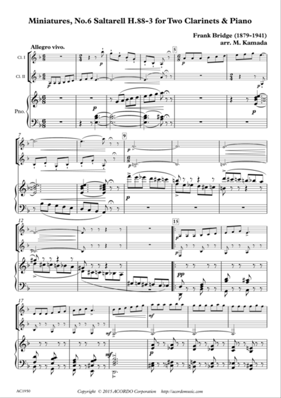 Miniatures, No.6 Saltarell H.88-3 for Two Clarinets & Piano Clarinet Duet scores gallery preview page 1