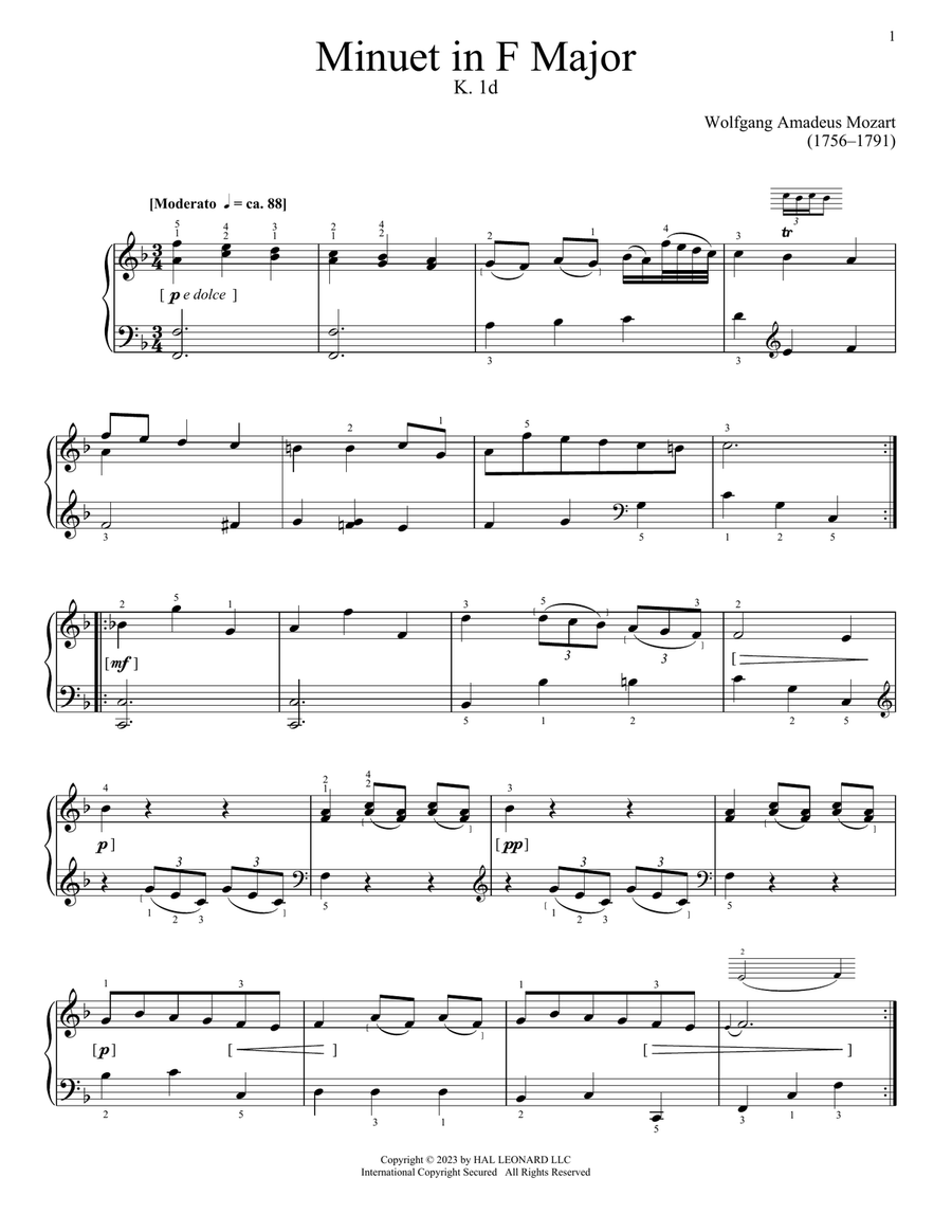 Minuet in F Major, K. 1d Minuet in F Major, K. 1d Piano Solo scores gallery preview page 1