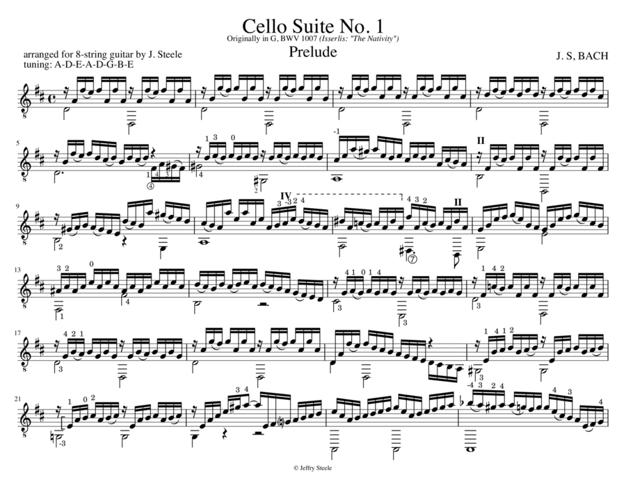 Cello Suite No. 1, BWV 1007, arranged for 8-string guitar