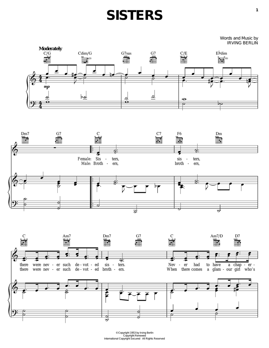 Sisters Piano, Vocal, Guitar scores gallery preview page 1