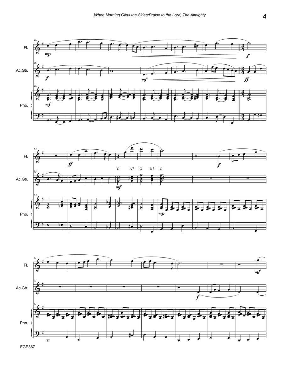 WHEN MORNING GILDS THE SKIES/PRAISE TO THE LORD, THE ALMIGHTY - Flute, Guitar & Piano (Flute Gr 2+) Flute scores gallery preview page 4