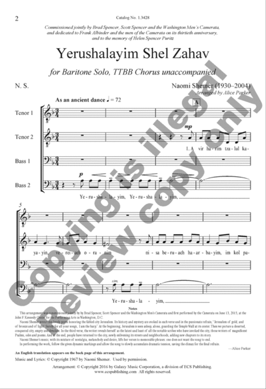 Yerushalayim Shel Zahav: (Jerusalem of Gold) TTBB scores gallery preview page 17