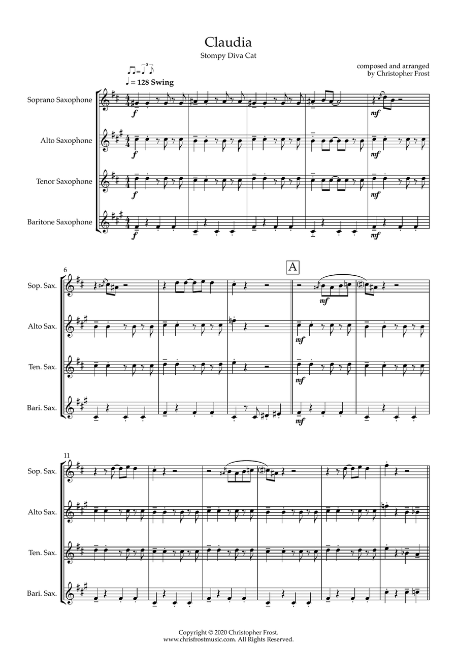 Claudia - Stompy Diva Cat from The Cat Suite (saxophone quartet - SATB) Saxophone Quartet scores gallery preview page 1