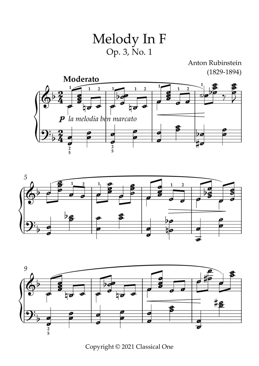 Rubinstein - Melody in F(With Note name) Easy Piano scores gallery preview page 1