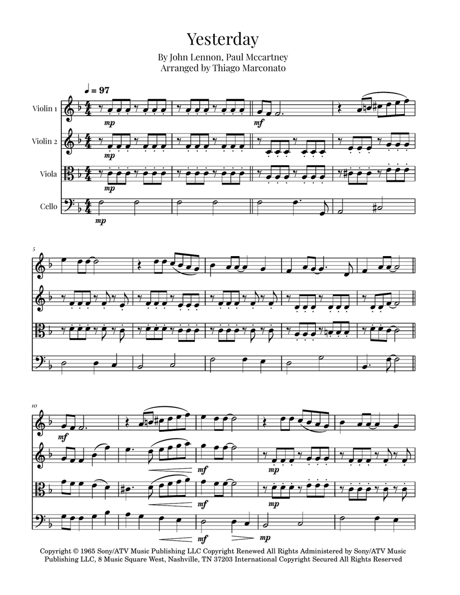 Yesterday String Quartet scores gallery preview page 1