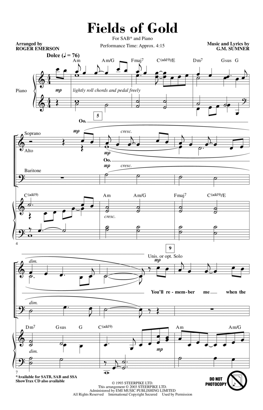 Fields Of Gold (arr. Roger Emerson) 3-Part scores gallery preview page 1
