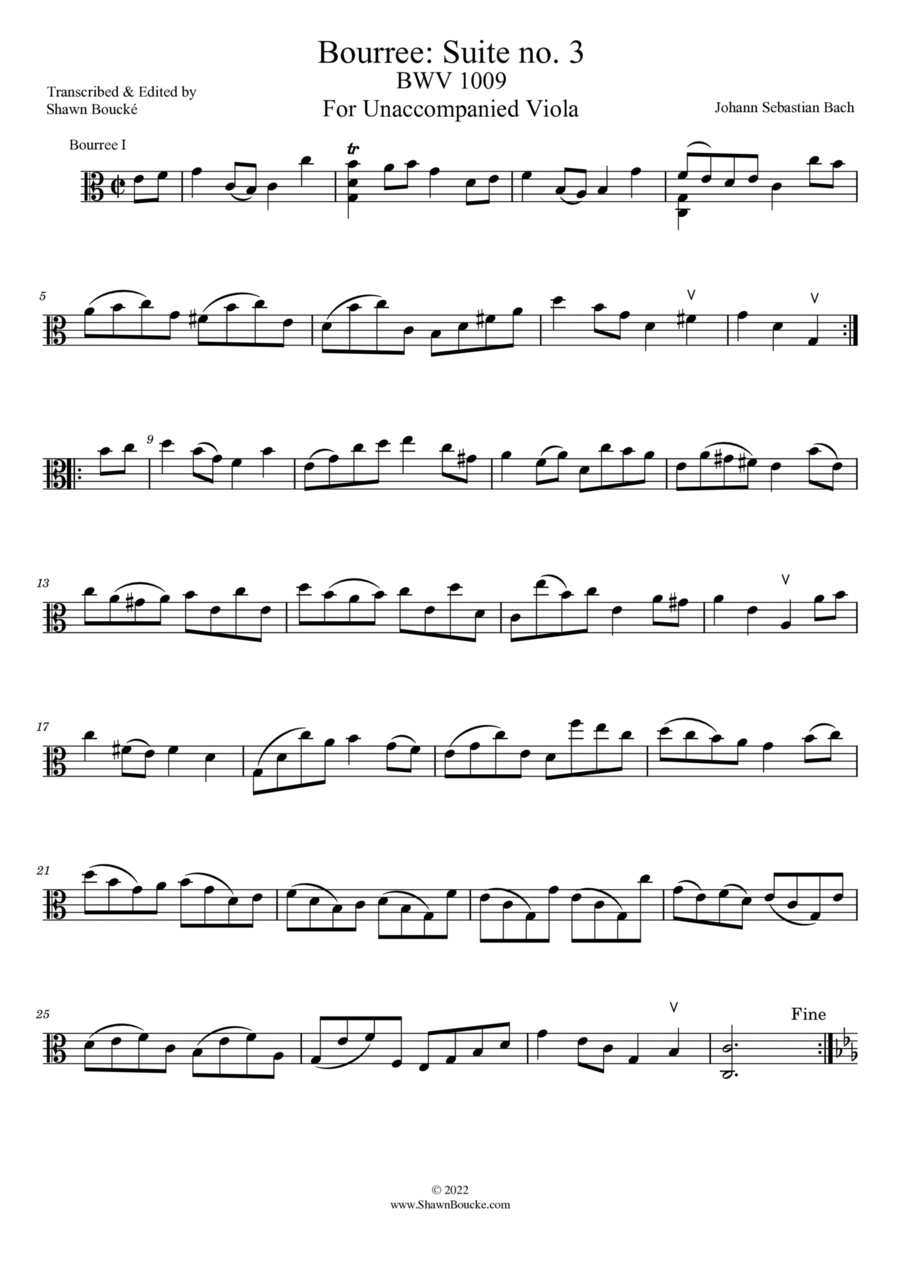 Bourrée from Bach Cello Suite 3 for Unaccompanied Viola