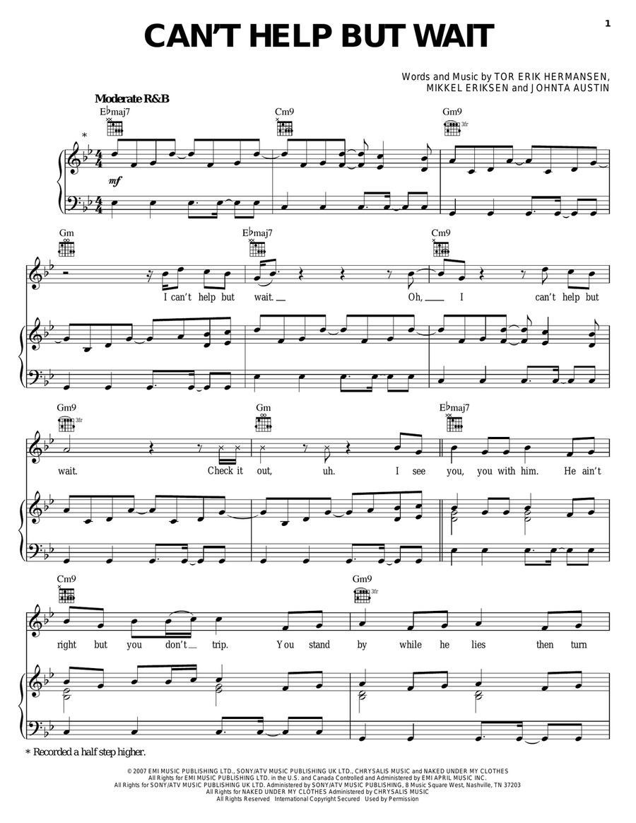 Can't Help But Wait Piano, Vocal, Guitar scores gallery preview page 1