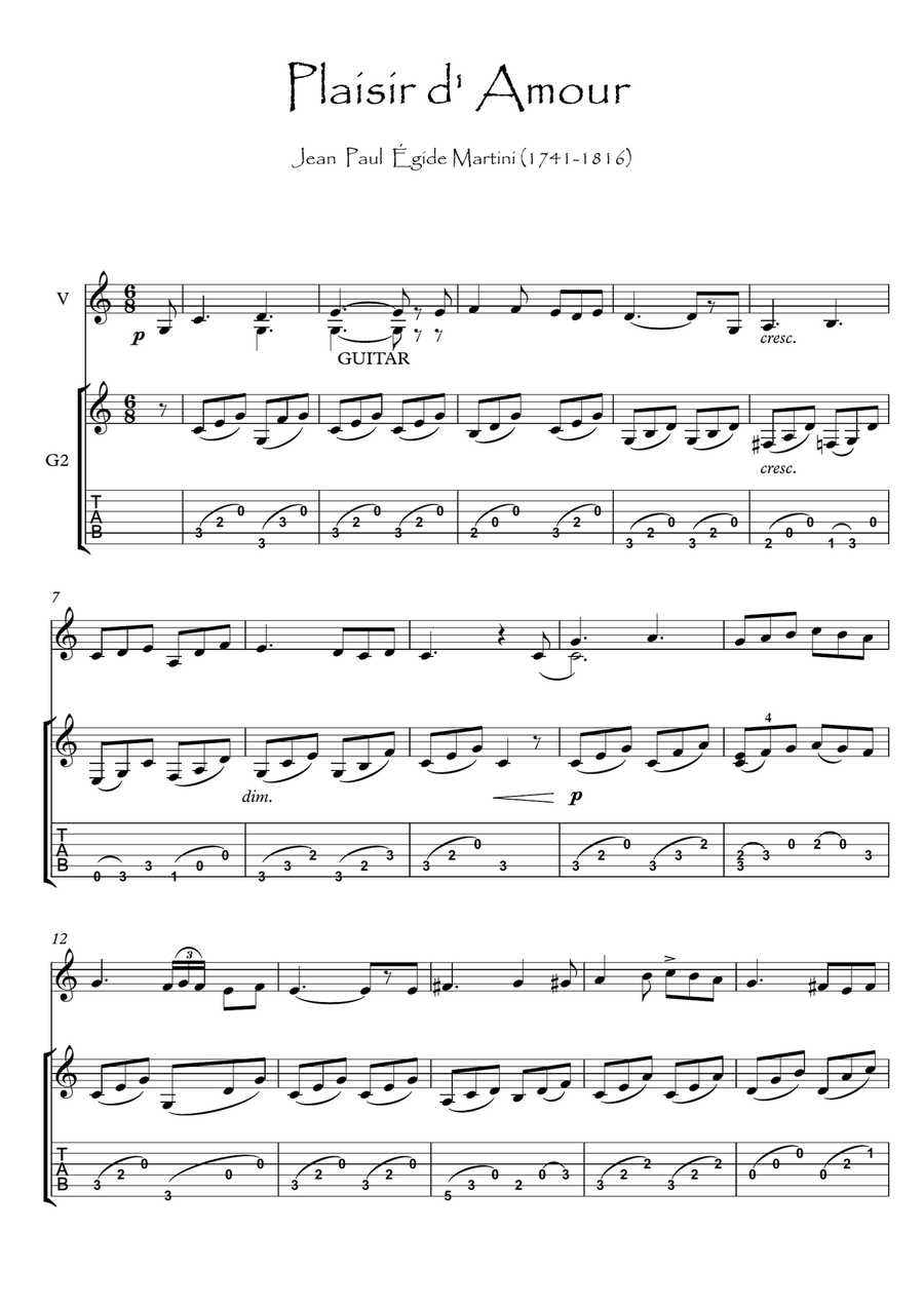 Plaisir d'Amour Violin Guitar duet String Duet scores gallery preview page 1