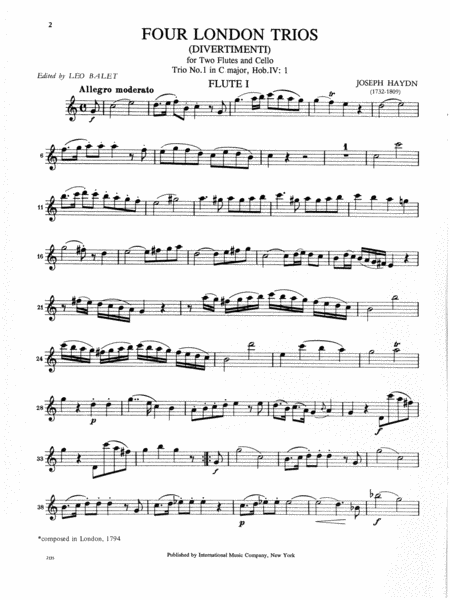 Four London Trios (Divermenti), Hob. IV: Nos. 1-4 for 2 Flutes and Cello