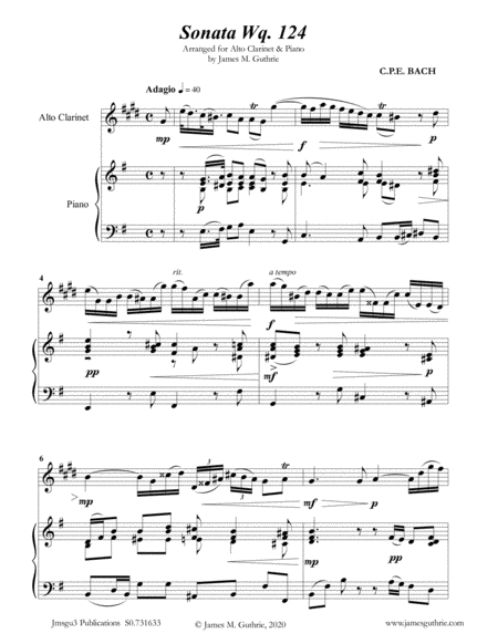CPE BACH: Sonata in E Minor WQ124 for Alto Clarinet & Piano image number null