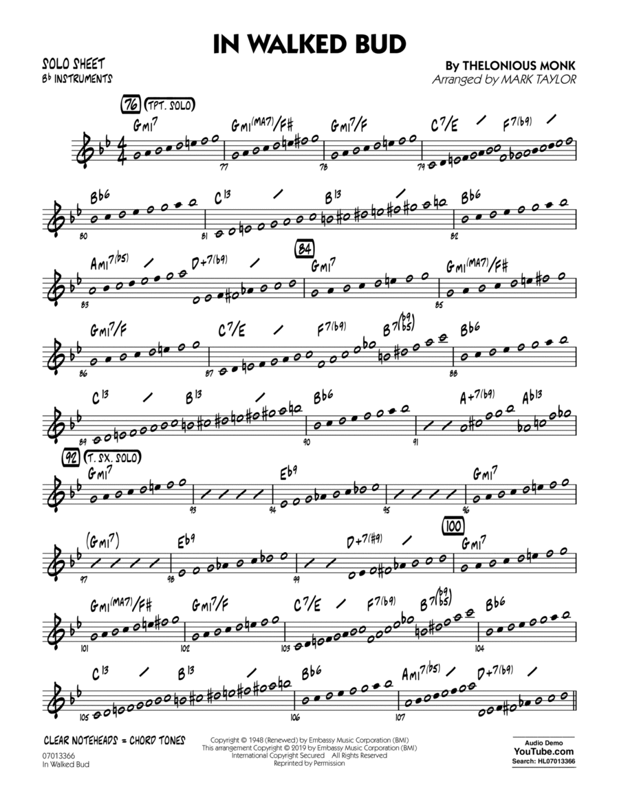 In Walked Bud (arr. Mark Taylor) - Bb Solo Sheet Jazz Ensemble scores gallery preview page 1