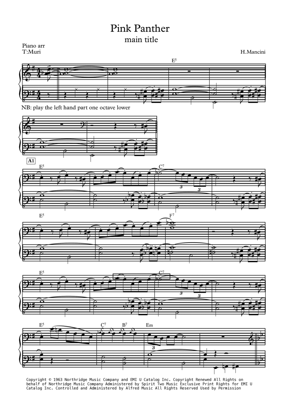 The Pink Panther Piano, Vocal, Guitar scores gallery preview page 1