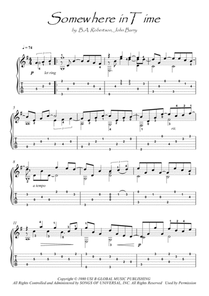 Somewhere In Time by John Barry Guitar Solo - Digital Sheet Music