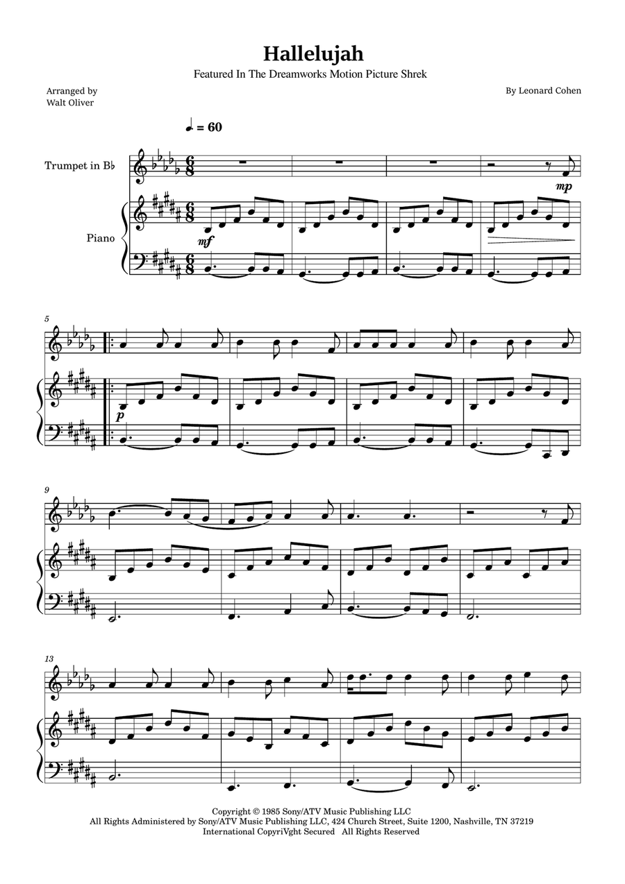 Hallelujah B-Flat Trumpet scores gallery preview page 1