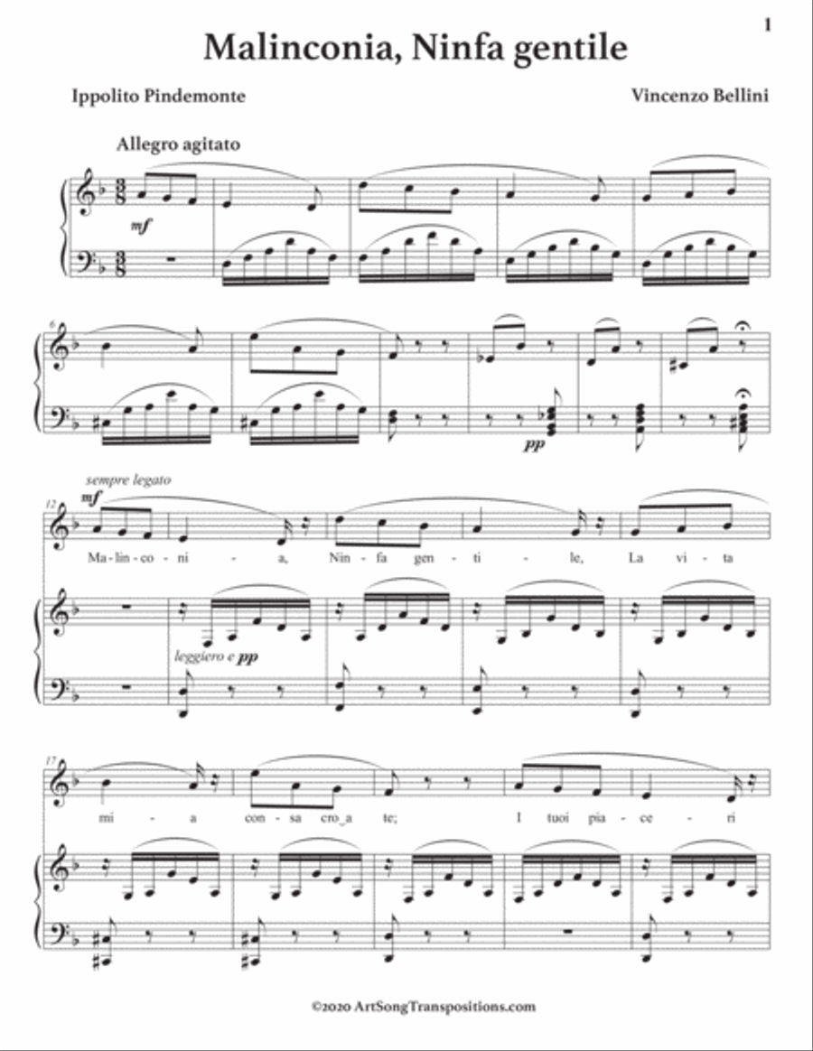 BELLINI: Malinconia, Ninfa gentile (transposed to D minor) Voice scores gallery preview page 2