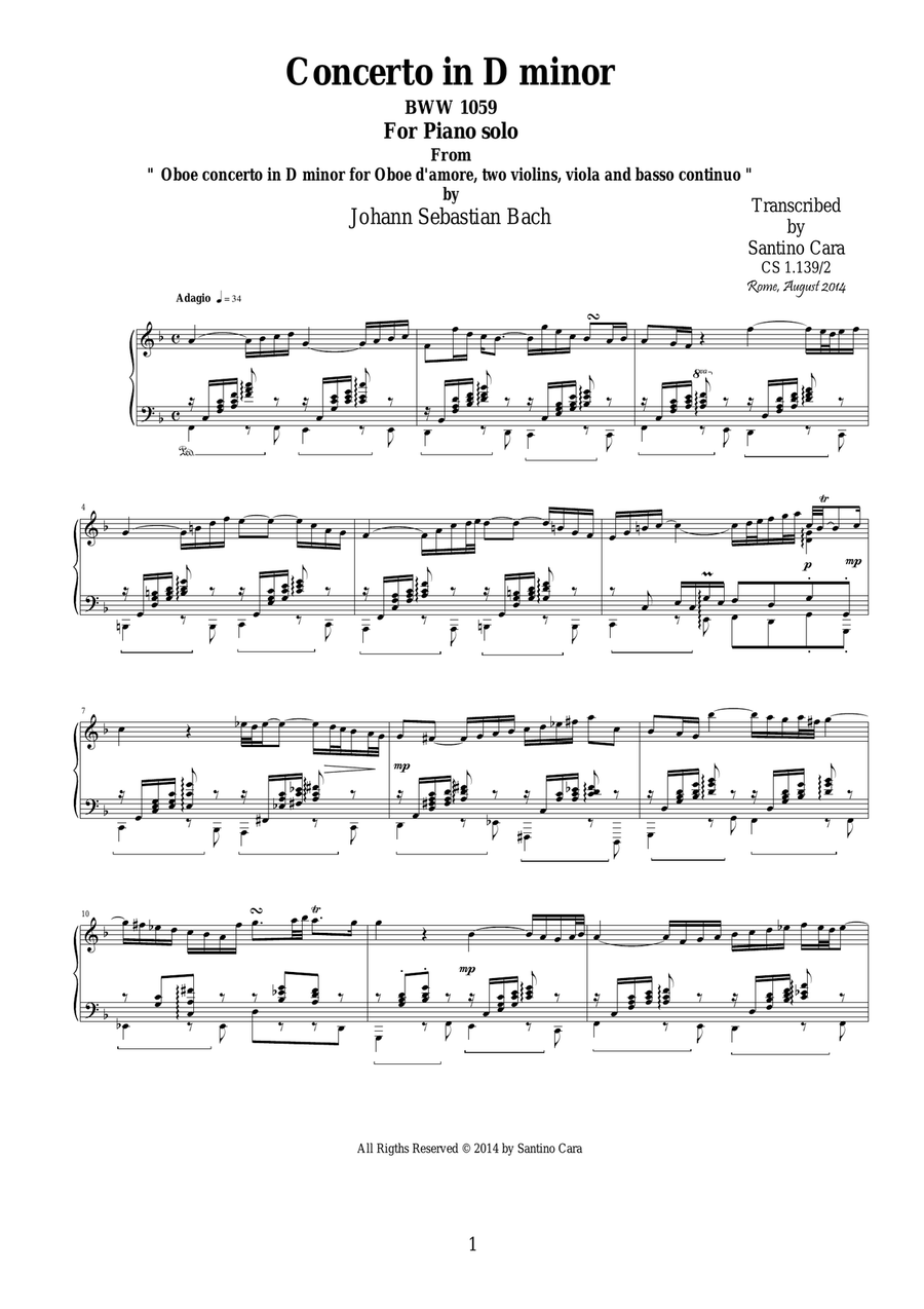 J.S-Bach - Oboe concerto in D minor BWV 1059 - mov. 2 Adagio-Piano version Piano Solo scores gallery preview page 1