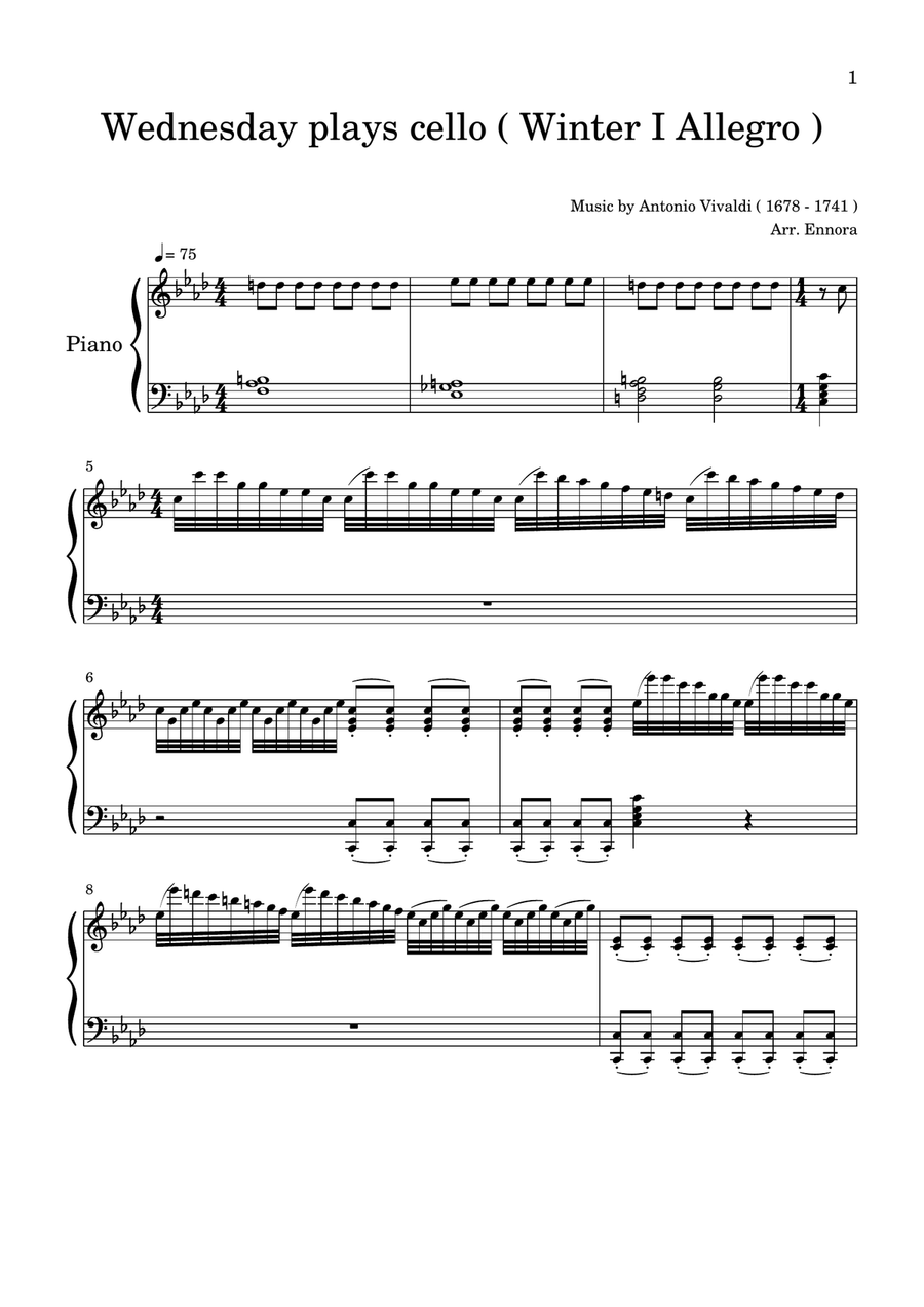 Wednesday Plays Cello: Vivaldi Winter ( Wednesday’s version ) Piano Solo scores gallery preview page 1