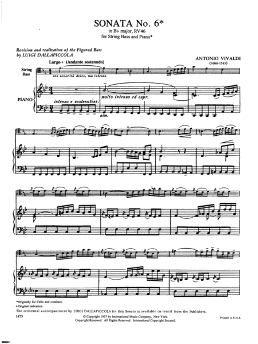 Sonata No. 6 In B Flat Major, Rv 46 Double Bass scores gallery preview page 2