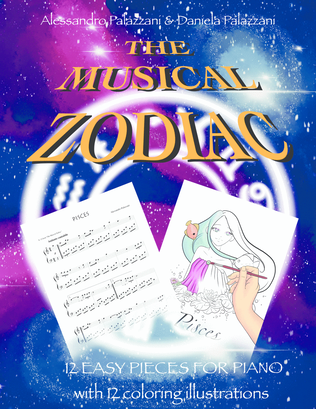 Book cover for The Musical Zodiac: 12 easy pieces for piano with 12 coloring illustrations