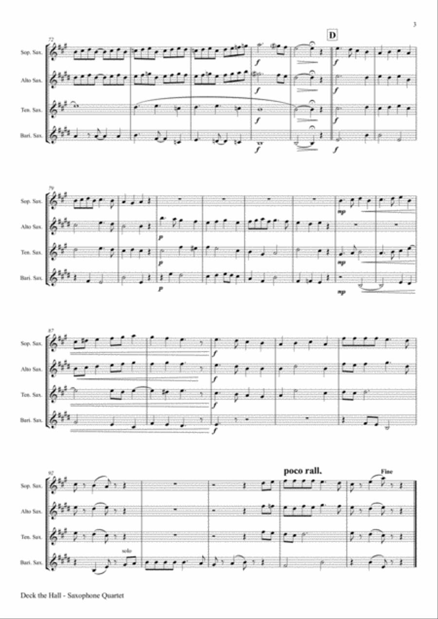 Deck the halls - Christmas Carol - Polyphonic - Saxophone Quartet Saxophone Quartet scores gallery preview page 3