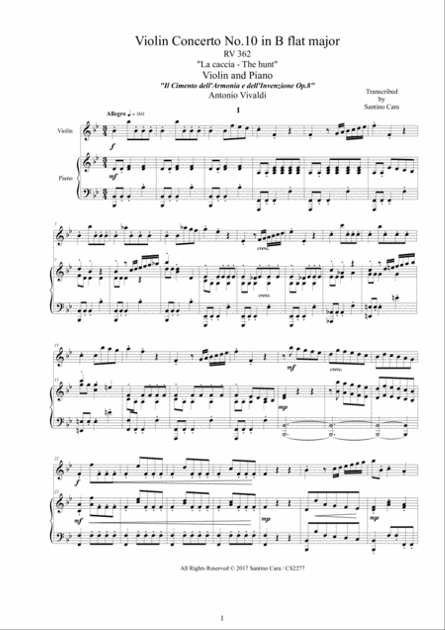 Vivaldi - Violin Concerto No.10 in B flat RV 362 (La caccia) Op.8 for Violin and Piano Violin Solo scores gallery preview page 1