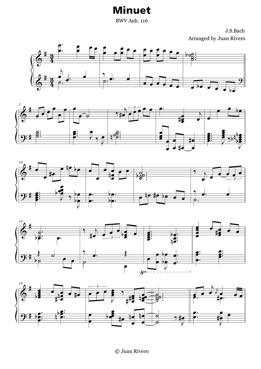 Johann Sebastian Bach - Minuet BWV Anh. 116 - Jazz Advanced Intermediate Piano Piano Solo scores gallery preview page 1