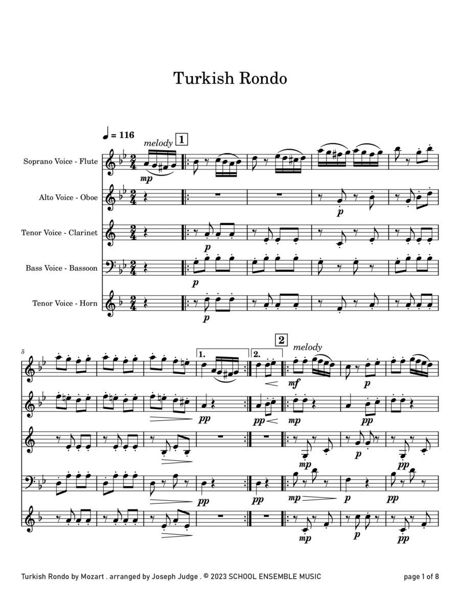 Turkish Rondo by Mozart for Woodwind Quartet in Schools Woodwind Quartet scores gallery preview page 1