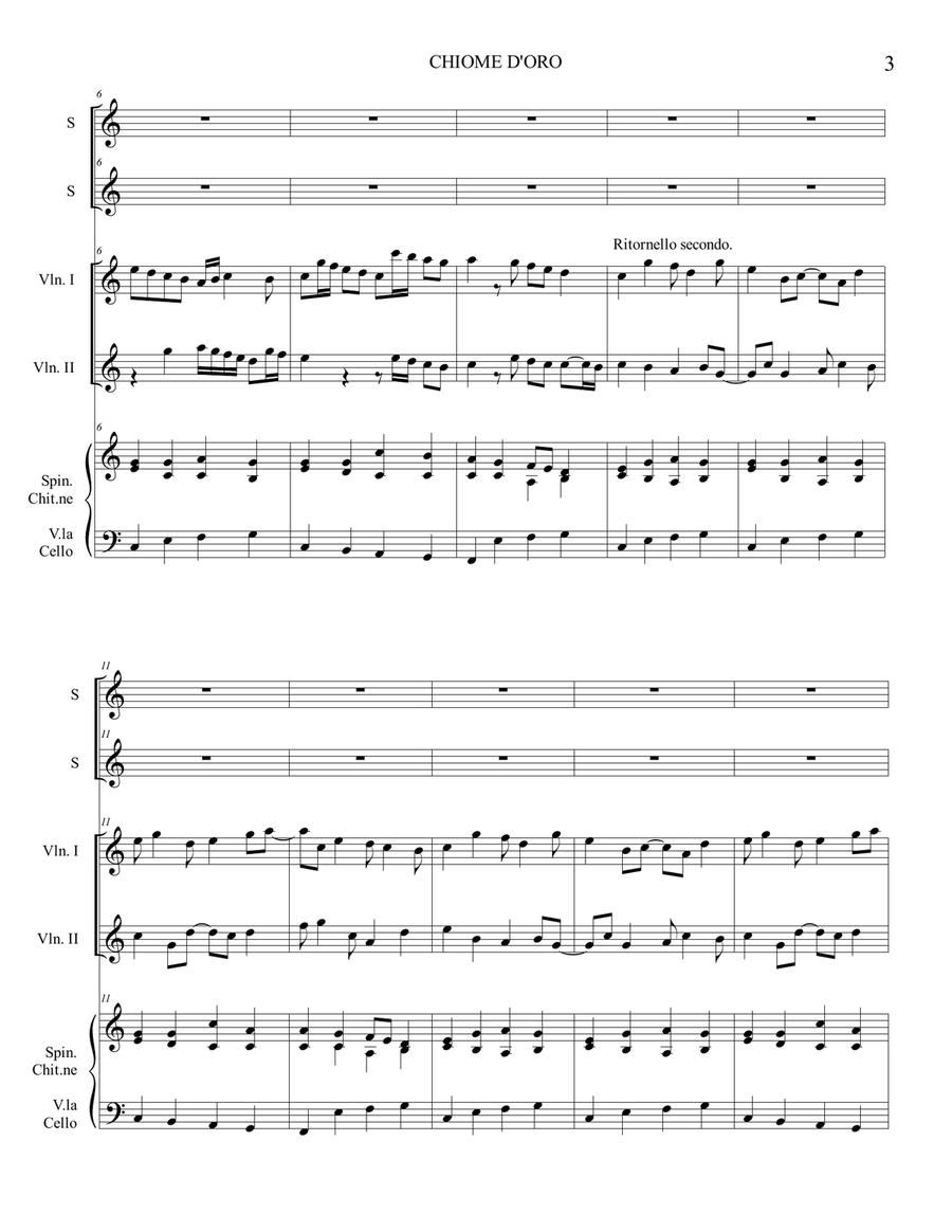 CHIOME D'ORO - C. Monteverdi - For 2 Soprano, 2Violini, Spinetta, e Basso (Cello) Small Ensemble scores gallery preview page 3