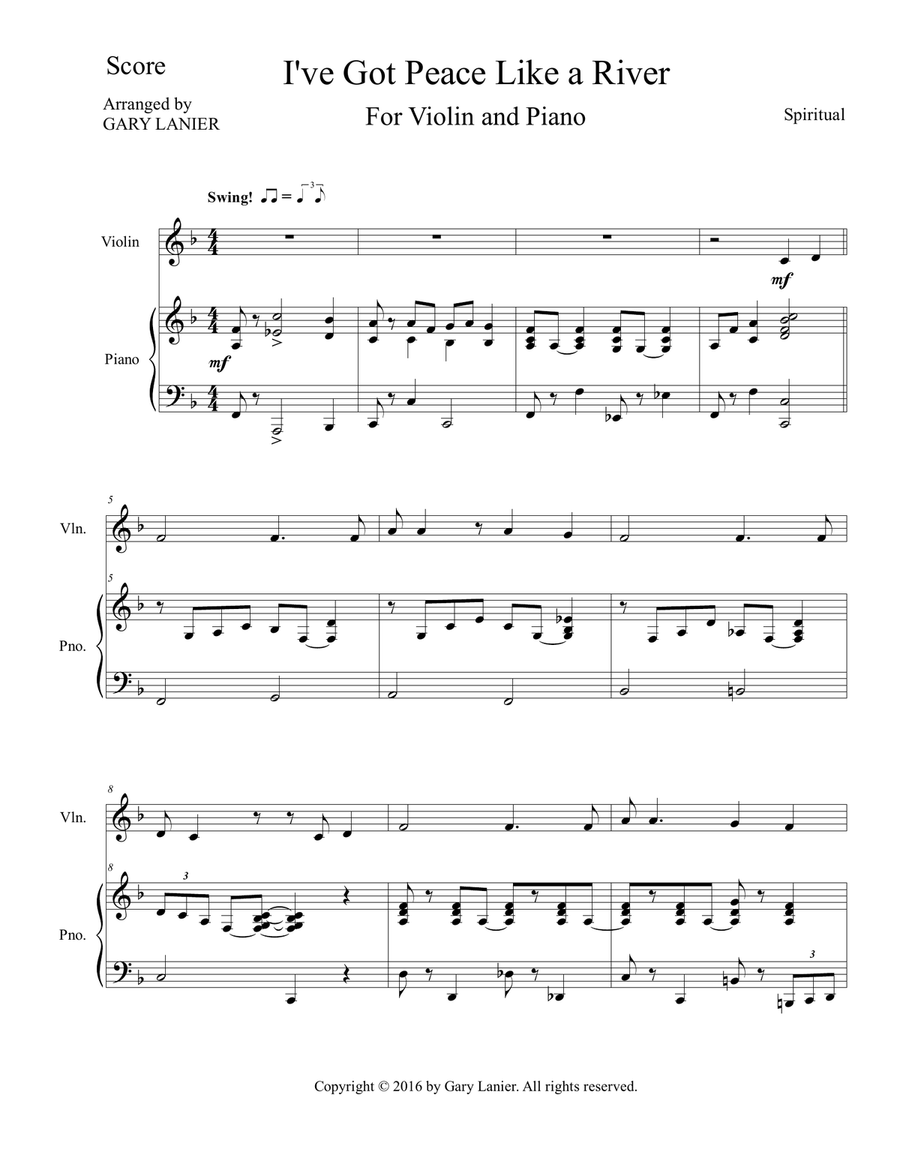 Gary Lanier: I'VE GOT PEACE LIKE A RIVER (Duet – Violin & Piano with Parts) Gary Lanier: I'VE GOT PEACE LIKE A RIVER (Duet – Violin & Piano with Parts) Violin Solo scores gallery preview page 2
