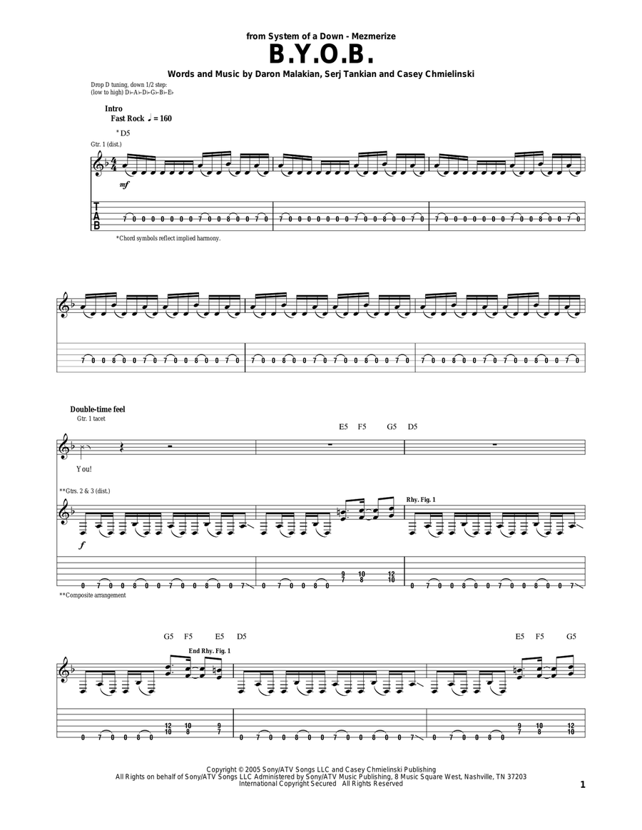 B.Y.O.B. by System of a Down Electric Guitar Digital Sheet