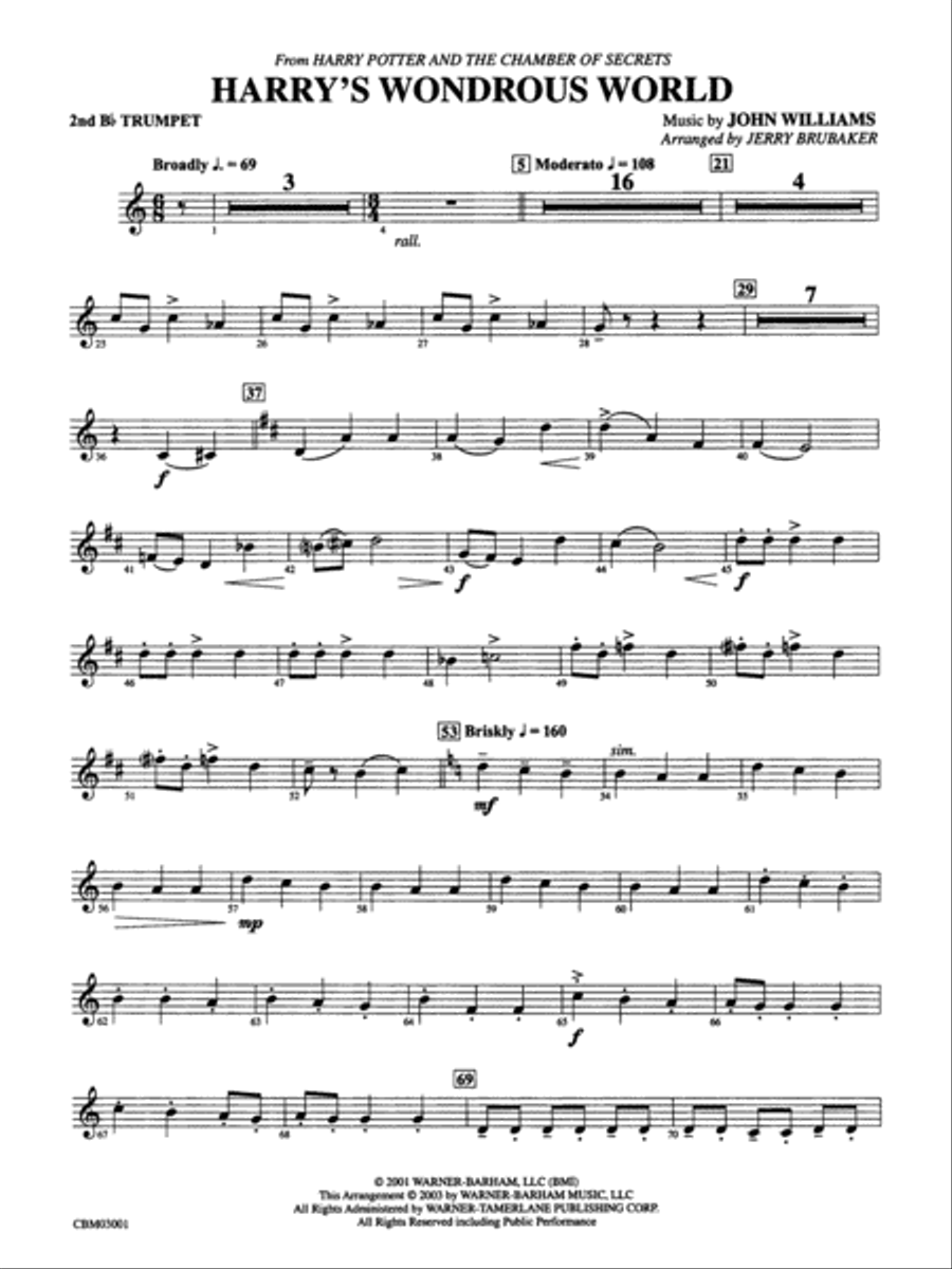 Harry's Wondrous World (from Harry Potter and the Chamber of Secrets): 2nd B-flat Trumpet Concert Band scores gallery preview page 1