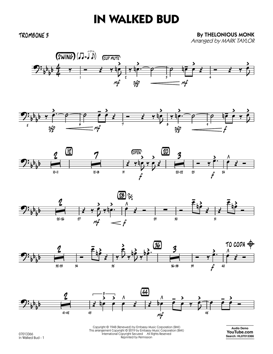 In Walked Bud (arr. Mark Taylor) - Trombone 3