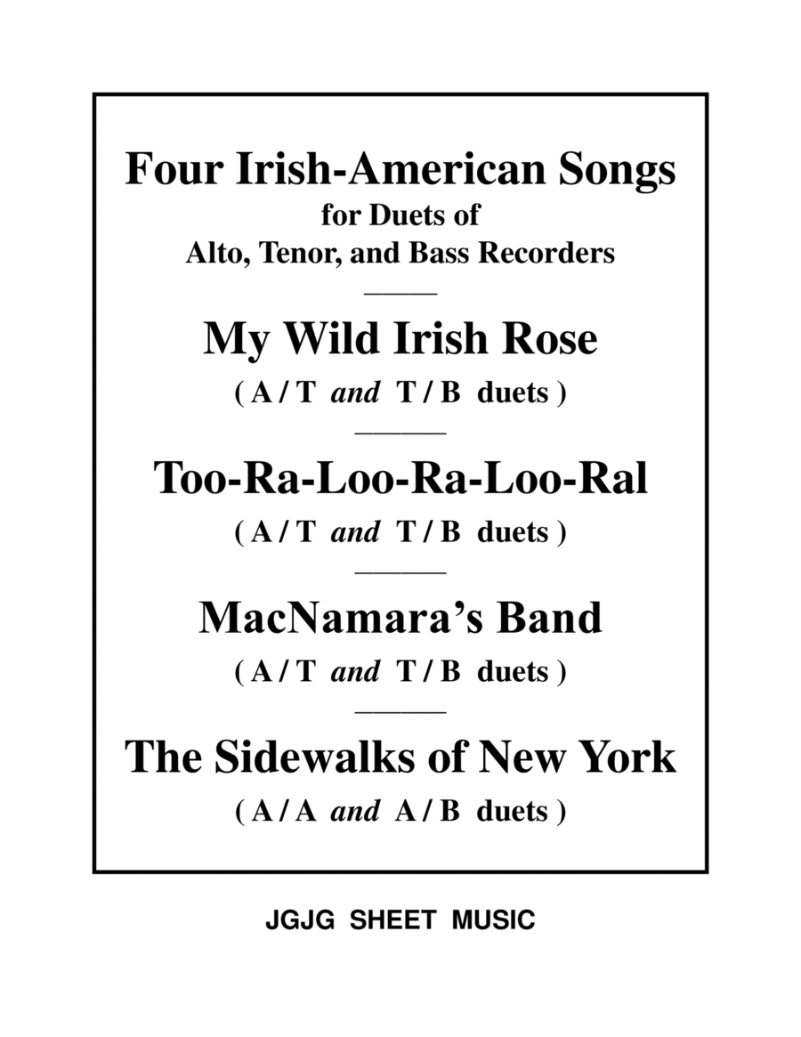 Four Irish - American Songs for Duets of A, T, and B Recorders Woodwind Duet scores gallery preview page 1