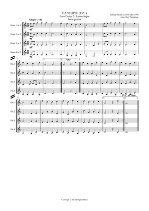 Book cover for Susato: Danserye (1531) - Bass Dance 5. La morisque - horn quartet