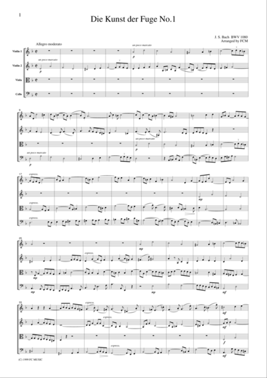 J.S.Bach Die Kunst der Fuge No.1, BWV1080, for string quartet, CB209 String Quartet scores gallery preview page 1