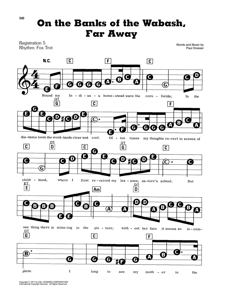 On The Banks Of The Wabash, Far Away Electronic Keyboard scores gallery preview page 1