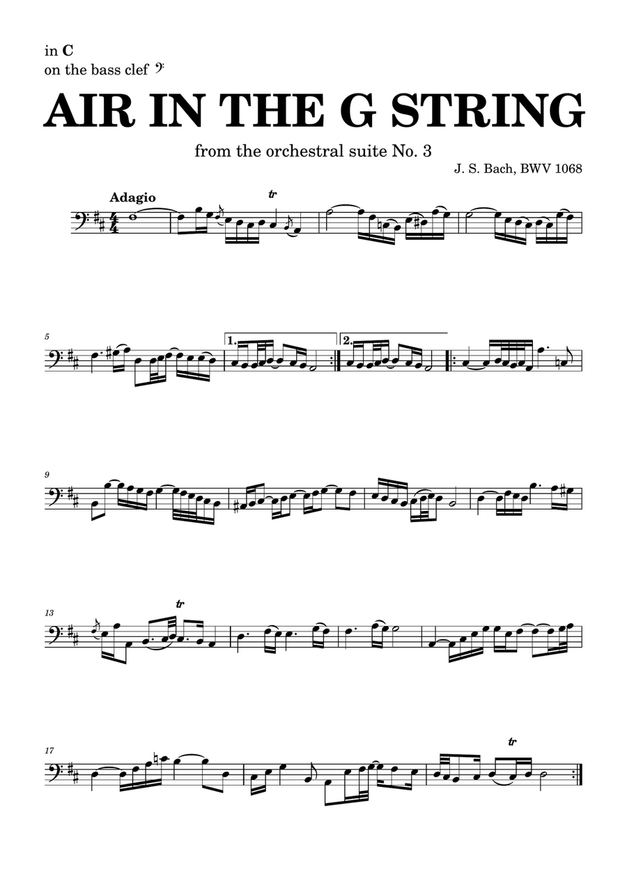 Air on the G string in D, BWV 1068 (accompanied) - for C instruments in bass clef Large Ensemble scores gallery preview page 1