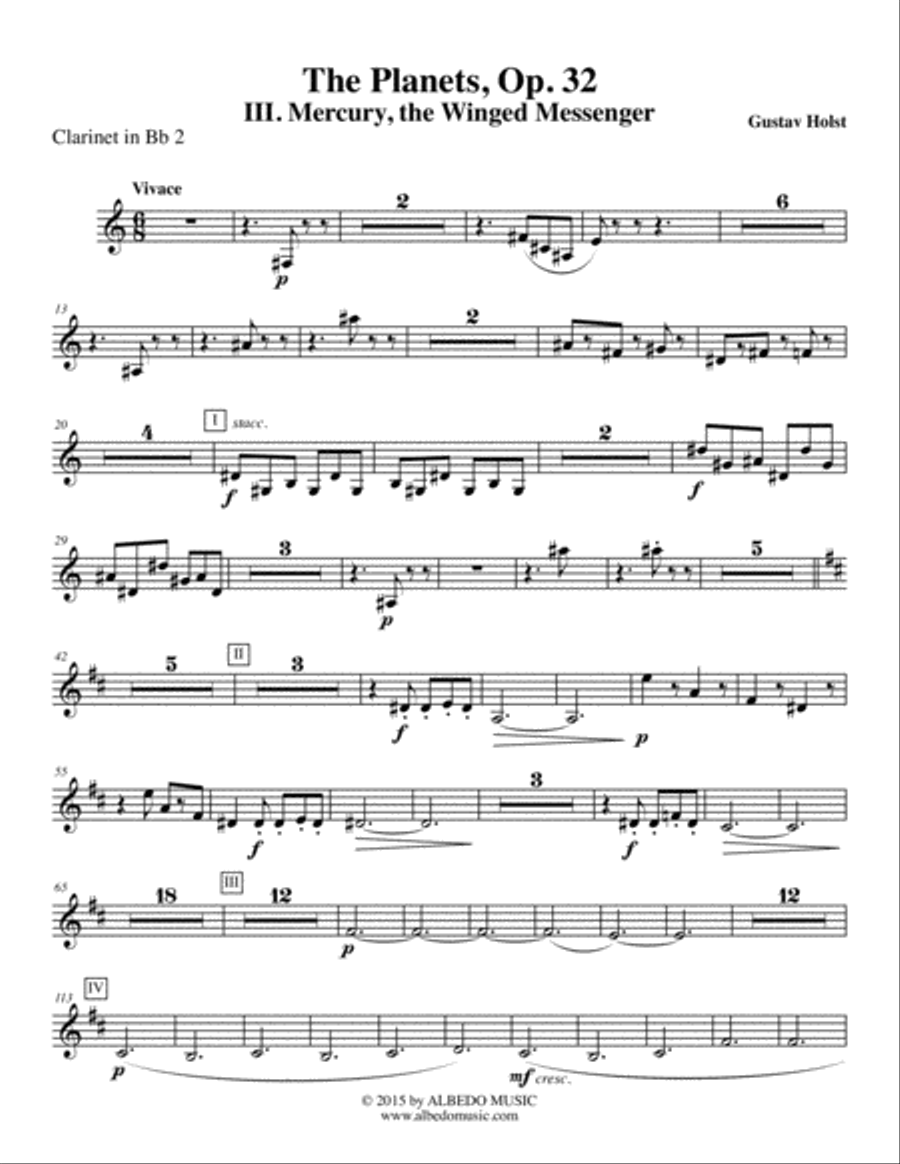 Holst The Planets, III. Mercury, the Winged Messenger - Clarinet in Bb 2 (Transposed Part), Op. 32 B-Flat Clarinet scores gallery preview page 1