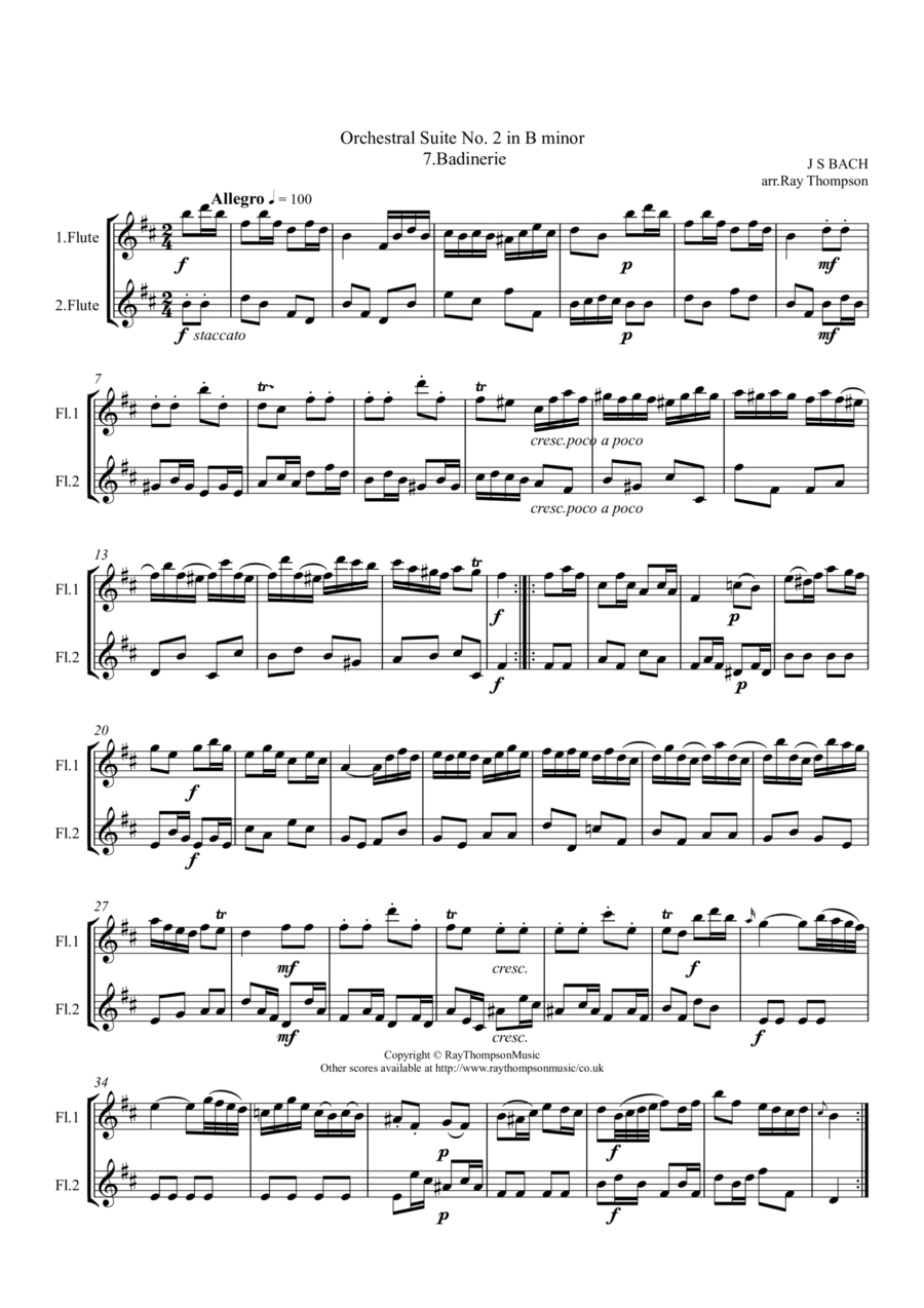 Bach:Orchestral Suite No.2 in B Minor BWV1067: Movt.7 Badinerie (arranged flute duet) Flute Duet scores gallery preview page 1