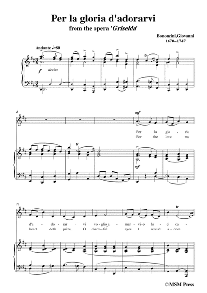 Bononcini Giovanni-Per la gloria d'adorarvi,from The opera griselda,in D Major,for Voice and Piano image number null
