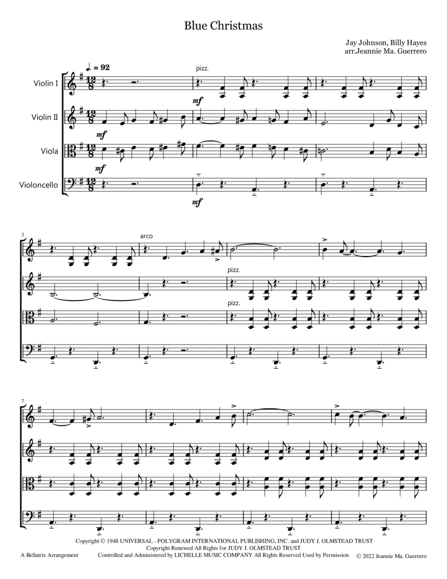 Blue Christmas Blue Christmas String Quartet scores gallery preview page 1